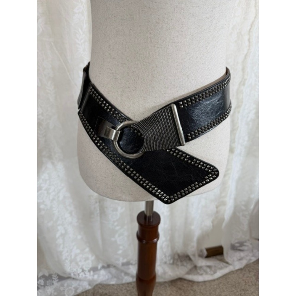 Vintage Wide Black Studded Waist Belt Asymmetrical O-Ring Buckle Elastic Back